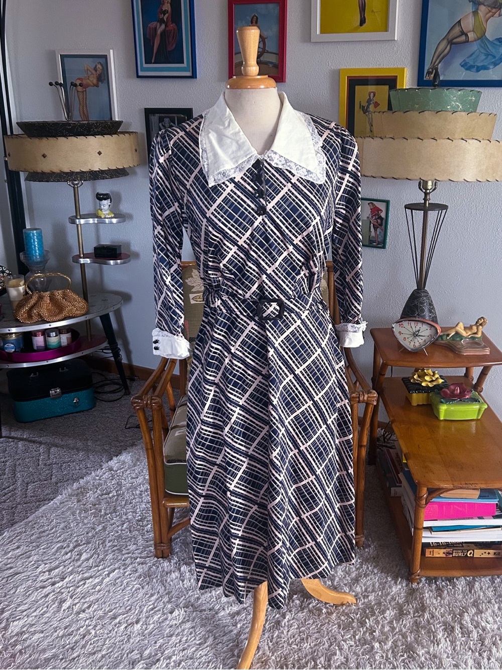 Retro Dress | 1930s 1940s Style | Multi geometric Grid Print | M L | 40s | 30s
